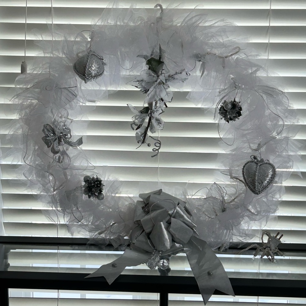 Stunning Silver and White Large Holiday / Christmas Tulle Wreath, White Lights